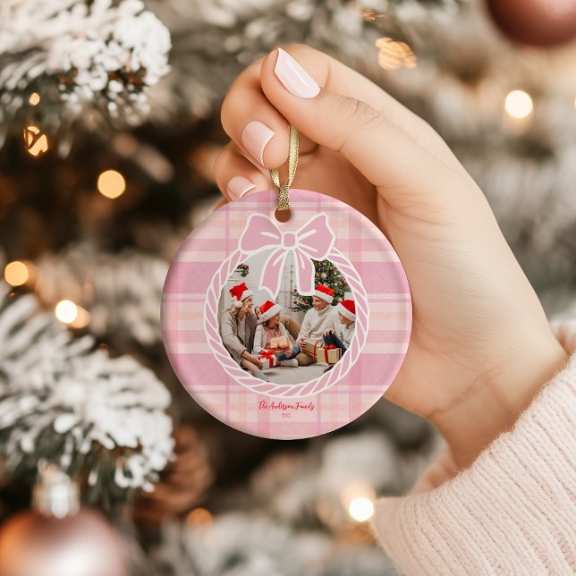 Photo Retro Pink Plaid Whimsical Holiday  Ceramic Ornament (Creator Uploaded)