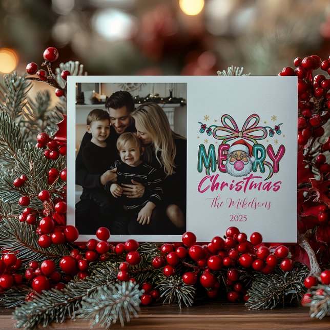 Photo Retro Santa Merry Christmas Coquette Bow Holiday Card (Creator Uploaded)