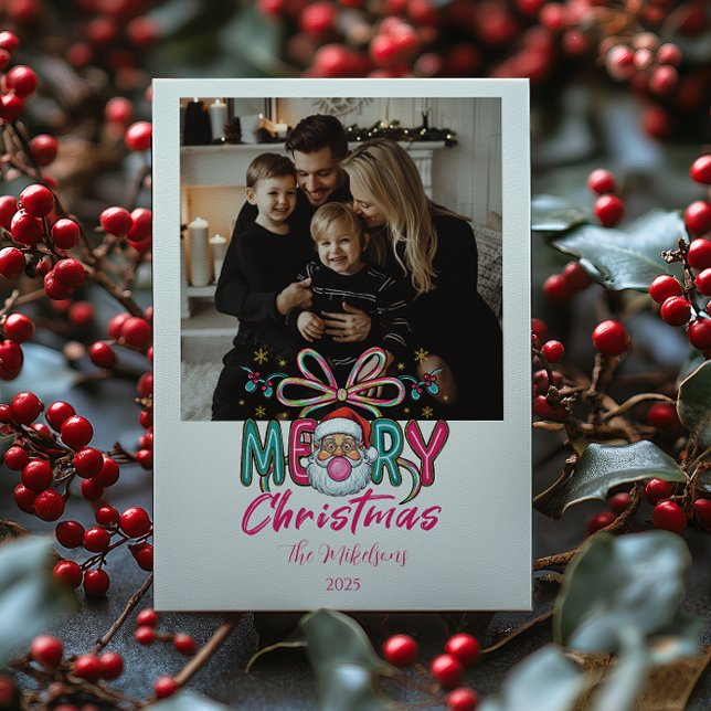 Photo Retro Santa Merry Christmas Coquette Bow Holiday Card (Creator Uploaded)