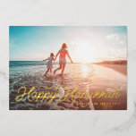 Photo Retro Script Happy Hanukkah Foil Holiday Card<br><div class="desc">Retro style script font "Happy Hanukkah" in real foil. Add a message or more photos to the back side. Choose from gold,  silver or rose gold foil</div>