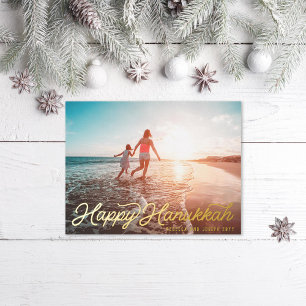 Photo Retro Script Happy Hanukkah Foil Holiday Postcard