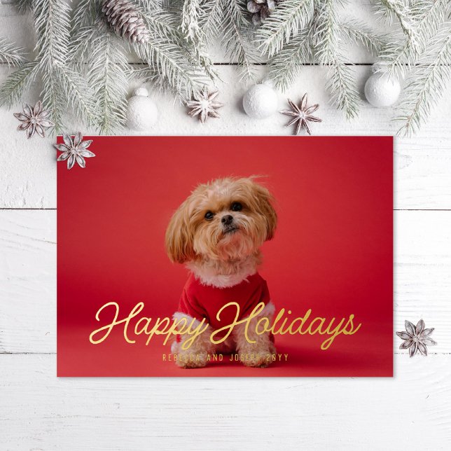 Photo Retro Script Happy Holidays Gold Foil Holiday Card (Creator Uploaded)