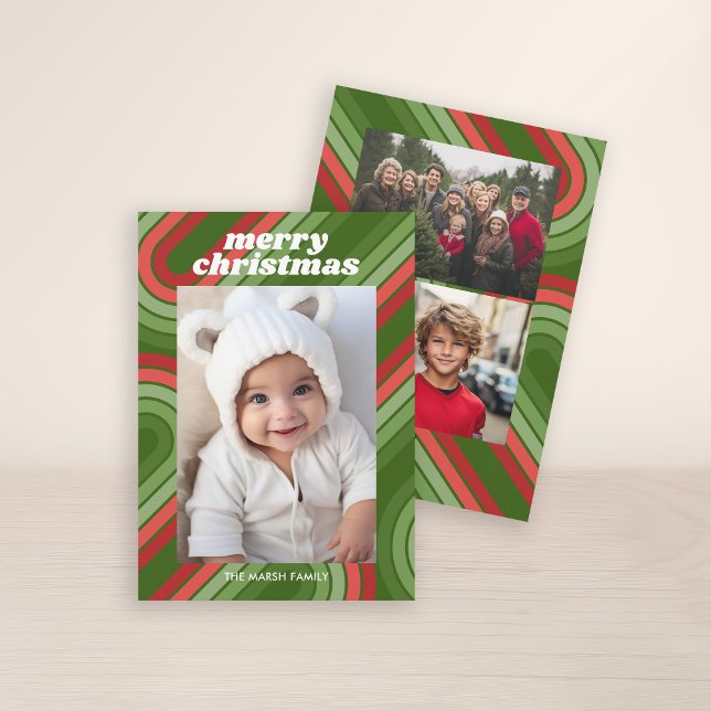 Photo Retro Stripes - Red Green Funky Holiday Card (3 Photo Christmas Card with Retro 70s Stripes - Print and Download Option)