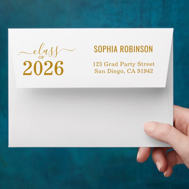 Photo & Return Address Gold Typography Graduation Envelope (Hand)