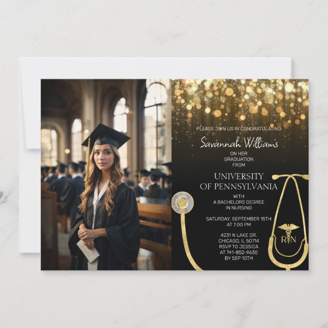 Photo RN Nursing Gold Graduation Celebration Invitation (Front)