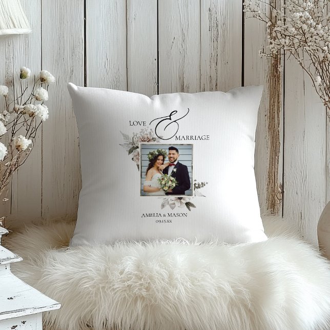 Photo Romantic Floral Watercolor Wedding Cushion (Photo Romantic Floral Watercolor Wedding Throw Pillow)