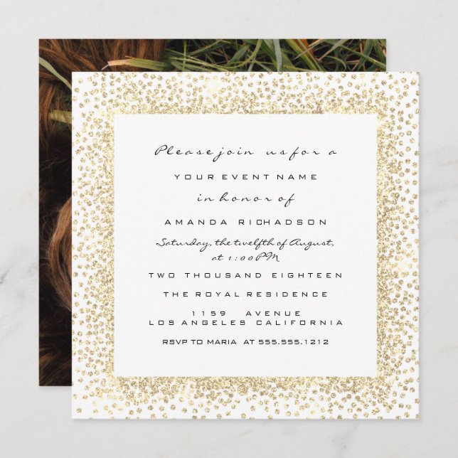 Photo Rose Bridal Shower Gold White Confetti Frame Invitation (Front/Back)