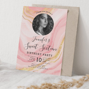PHOTO Rose Gold Blush Pink Marble Sweet 16 Party Invitation
