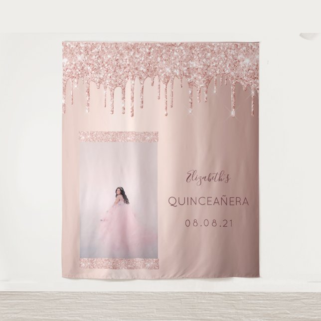 Photo rose gold drip Quinceanera Tapestry (Front)