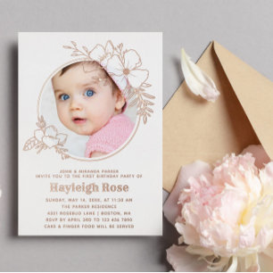 Photo Rose Gold Floral Frame 1st Birthday