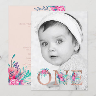 Photo Rose gold floral letter 1st birthday blush Invitation