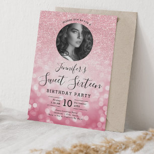 PHOTO Rose Gold Glitter Bokeh Sweet 16 Invitation