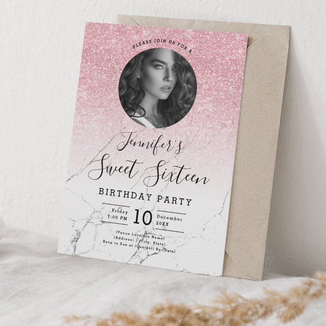 PHOTO Rose Gold Glitter Marble Sweet 16 Party Invitation (PHOTO Rose Gold Glitter Marble Sweet 16 Party Invitation)