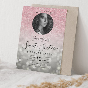 PHOTO Rose Gold Glitter Silver Bokeh Sweet 16 Invitation