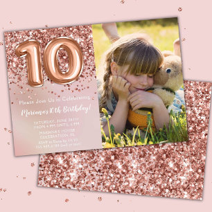 Photo Rose Gold Kids Girl 10th Birthday Party Invitation