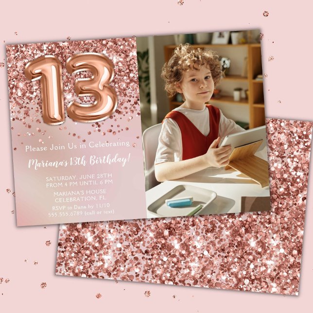 Photo Rose Gold Kids Girl 13th Birthday Party Invitation (Creator Uploaded)