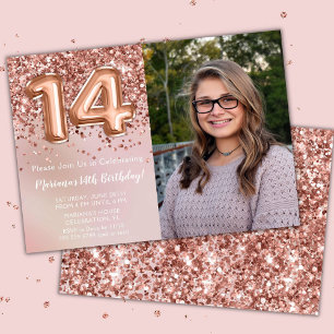 Photo Rose Gold Kids Girl 14th Birthday Party Invitation