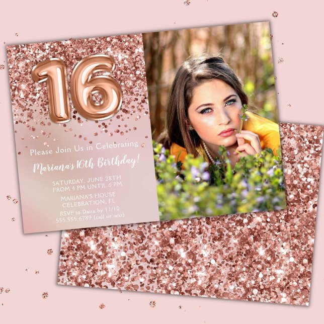 Photo Rose Gold Kids Girl 16th Birthday Party Invitation (Creator Uploaded)