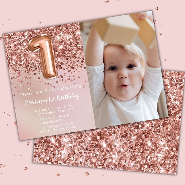 Photo Rose Gold Kids Girl 1st  Birthday Party Invitation (Creator Uploaded)