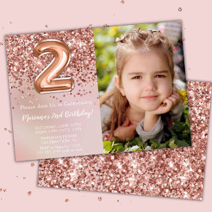 Photo Rose Gold Kids Girl 2nd Birthday Party Invitation