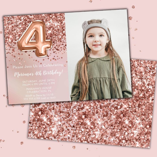 Photo Rose Gold Kids Girl 4th Birthday Party Invitation (Creator Uploaded)