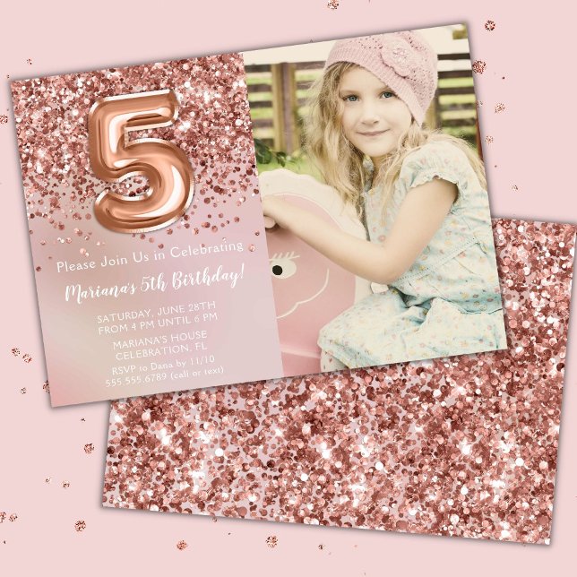 Photo Rose Gold Kids Girl 5th Birthday Party Invitation (Creator Uploaded)