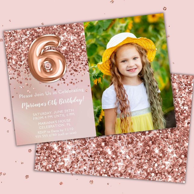 Photo Rose Gold Kids Girl 6th Birthday Party Invitation (Creator Uploaded)