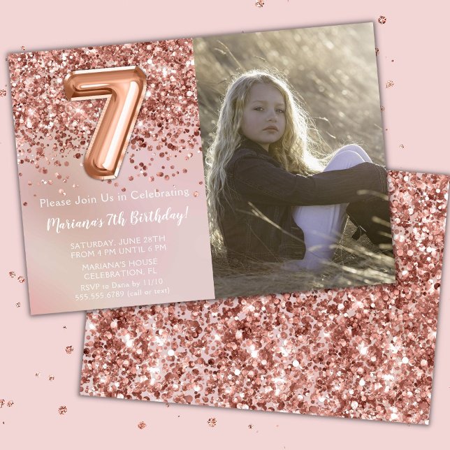 Photo Rose Gold Kids Girl 7th Birthday Party Invitation (Creator Uploaded)