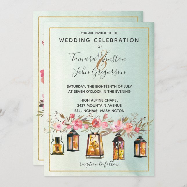 Photo Rose Gold Lanterns Watercolor Floral Wedding Invitation (Front/Back)