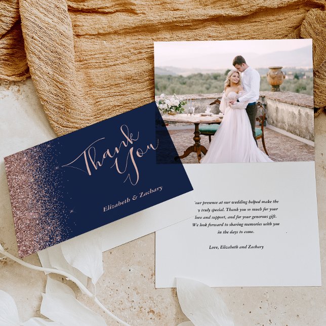 Photo Rose Gold Navy Blue Wedding Thank You Card (Creator Uploaded)