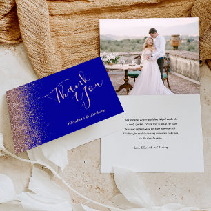 Photo Rose Gold Royal Blue Wedding Thank You Card