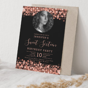 PHOTO Rose Gold Sparkles Sweet 16 Birthday Party Invitation