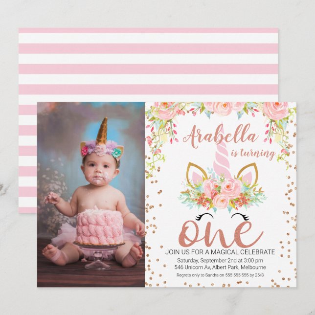 Photo Rose Gold Unicorn 1st Birthday Invitation (Front/Back)