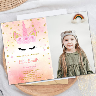Photo Rose Pink Unicorn Birthday Invitations