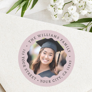 Photo rose taupe graduation return address classic round sticker