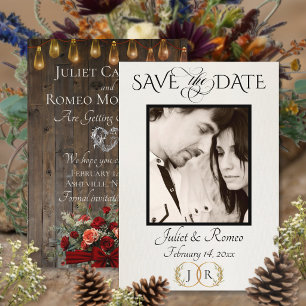 Photo, Roses & Leaf Monogram - Red Save The Date