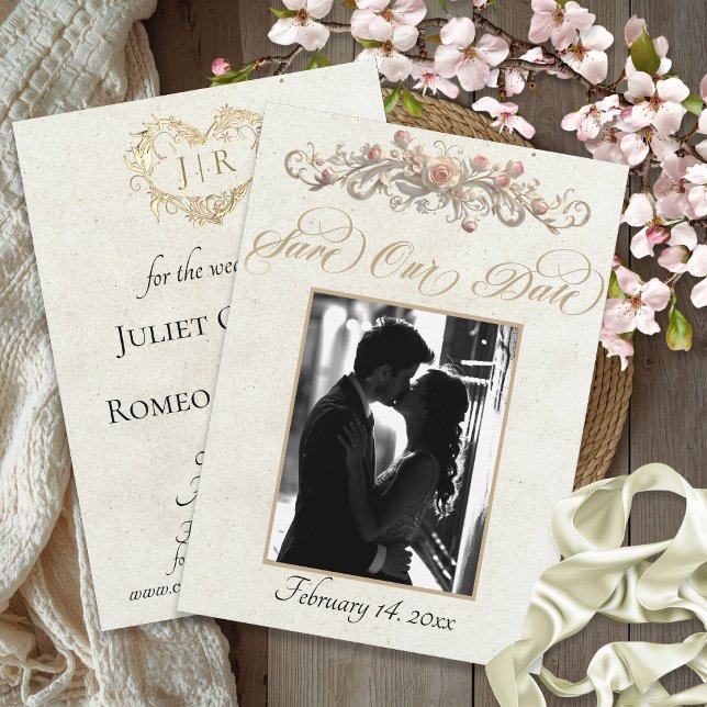 Photo, Roses & Monogram - Cream Save The Date (Creator Uploaded)