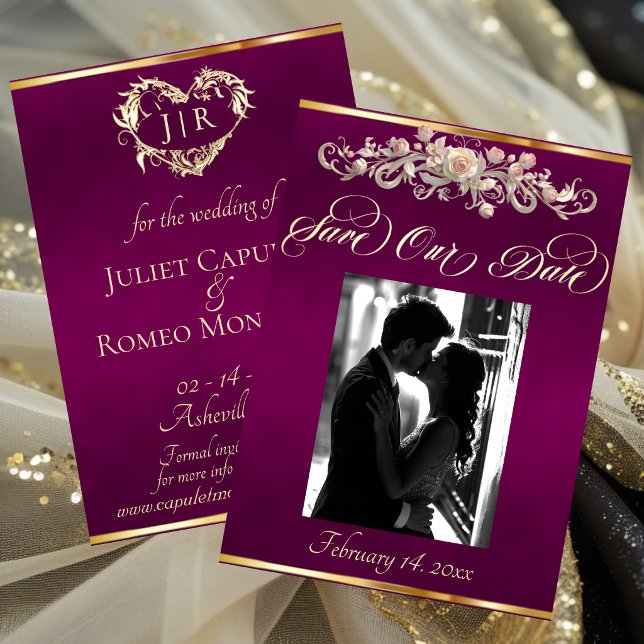 Photo, Roses & Monogram - Plum Save The Date (Creator Uploaded)