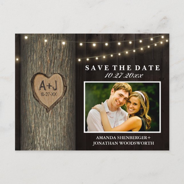 Photo Rustic Carved Oak Tree Save The Date Cards (Front)