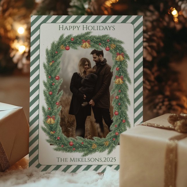 Photo Rustic Evergreen Bell Christmas Holiday Card (Creator Uploaded)