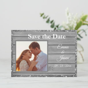 Photo Rustic Grey Glitter Wood Grain Typography Save The Date