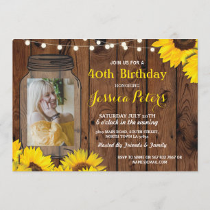 Photo Rustic Jar Birthday Party Wood Sunflower Invitation
