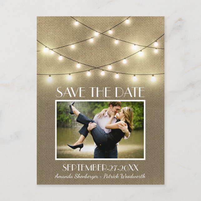 Photo Rustic Lights Burlap Save the Date Postcards (Front)