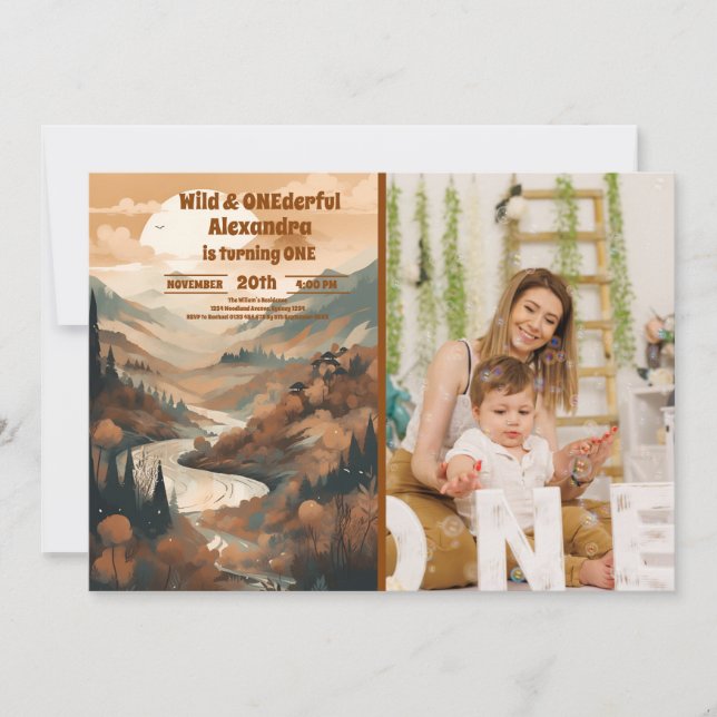 Photo Rustic Mountain Forest 1st Birthday Invitation (Front)