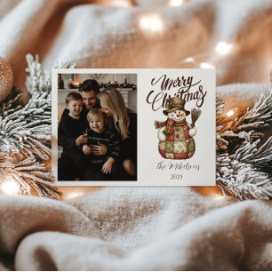Photo Rustic Patchwork Snowman Christmas Holiday Card