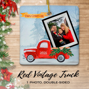 Photo Rustic Red Christmas Truck Unique Ceramic Ornament