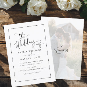 Photo Rustic Script Black White Wedding   Invitation