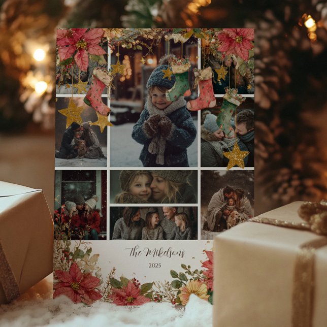 Photo Rustic Stockings and Poinsettias Christmas Holiday Card (Creator Uploaded)