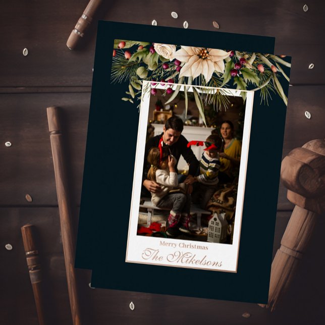 Photo Rustic Watercolor Botanical Christmas Foil Holiday Card (Creator Uploaded)