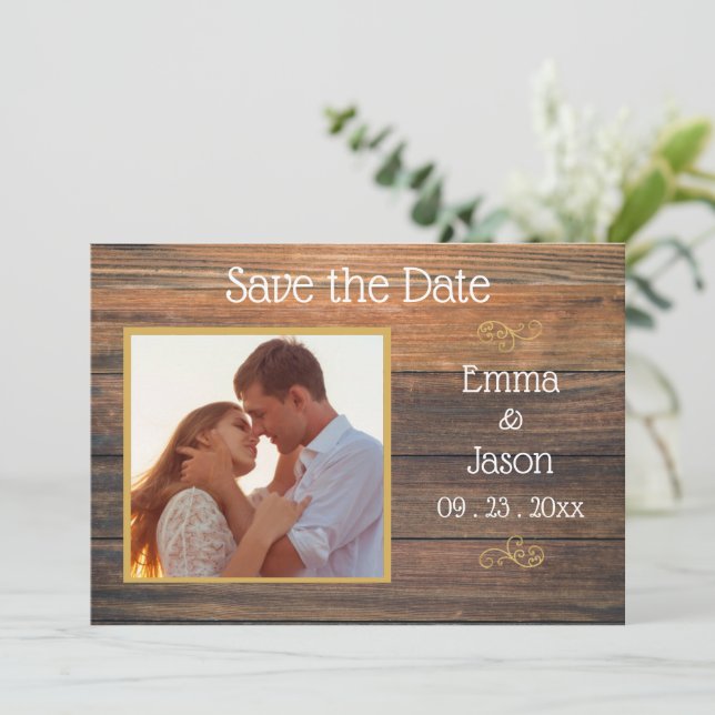 Photo Rustic Wood Grain Typography Save The Date (Standing Front)